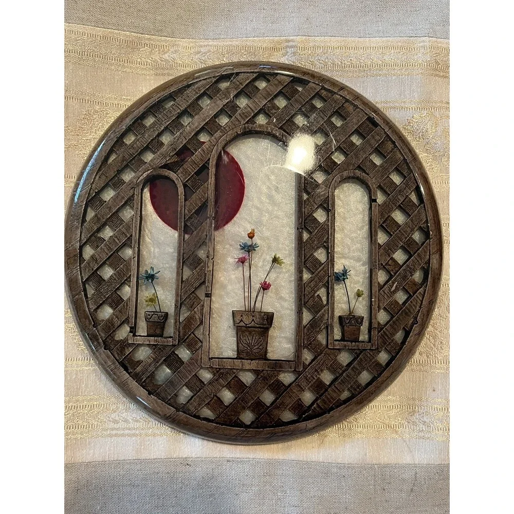 VTG MCM Lucite Trivet & Spoon Rest Matching Set Flowers Wood Lattice & Red Sun